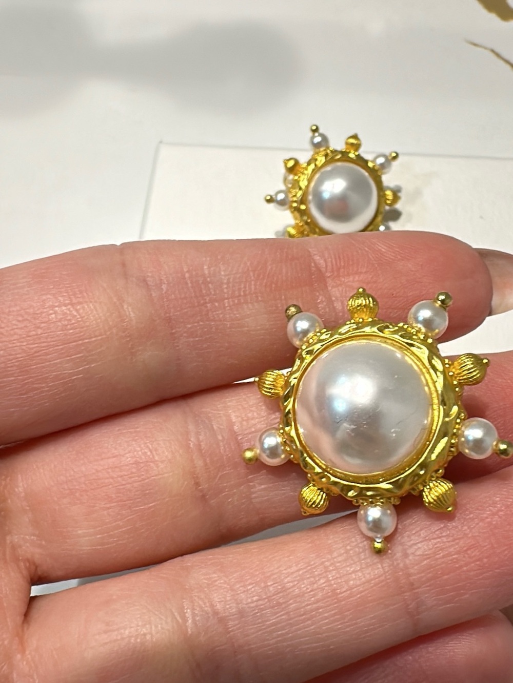 Gold Pearl Sunburst Stud Earrings - Elegant White Pearlescent Center OPALESCA